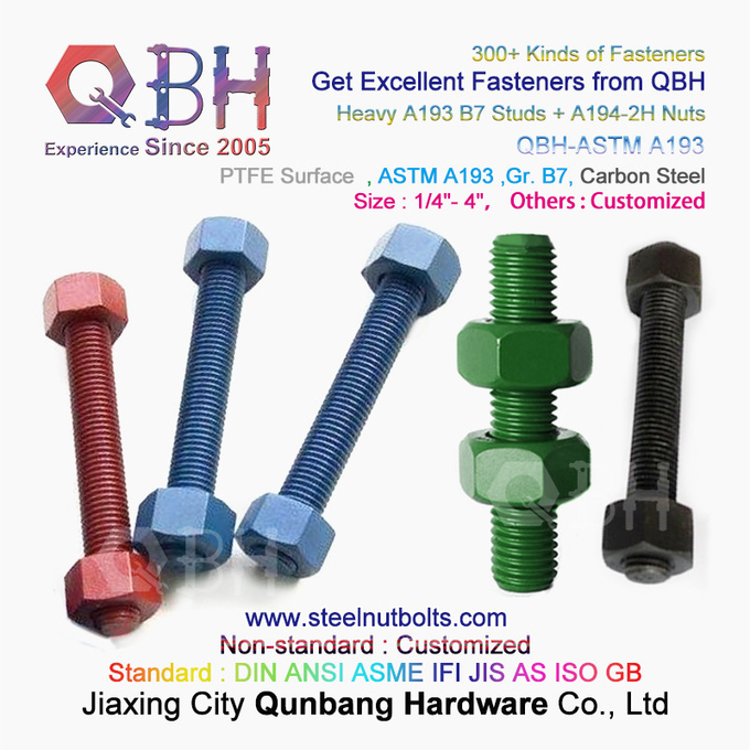QBH PTFE 1070 أحمر / أزرق / أسود / أخضر مطلي 1/4 "-4" ASTM A193 B7 مسامير قضيب ملولبة مع صمولة سداسية ثقيلة A194-2H 3