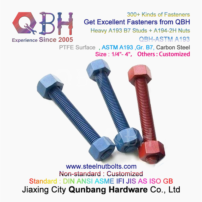 QBH PTFE 1070 أحمر / أزرق / أسود / أخضر مطلي 1/4 "-4" ASTM A193 B7 مسامير قضيب ملولبة مع صمولة سداسية ثقيلة A194-2H 2