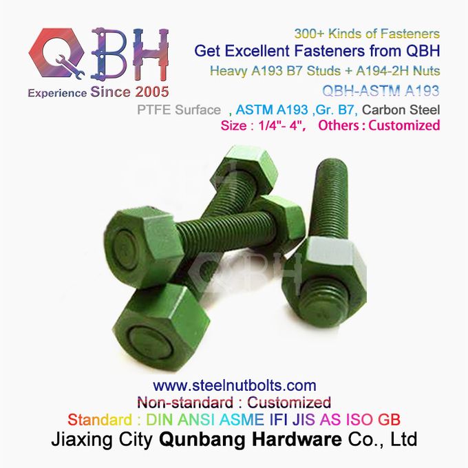 QBH PTFE 1070 أحمر / أزرق / أسود / أخضر مطلي 1/4 "-4" ASTM A193 B7 مسامير قضيب ملولبة مع صمولة سداسية ثقيلة A194-2H 1