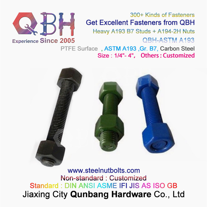 QBH PTFE 1070 أحمر / أزرق / أسود / أخضر مطلي 1/4 "-4" ASTM A193 B7 مسامير قضيب ملولبة مع صمولة سداسية ثقيلة A194-2H 0