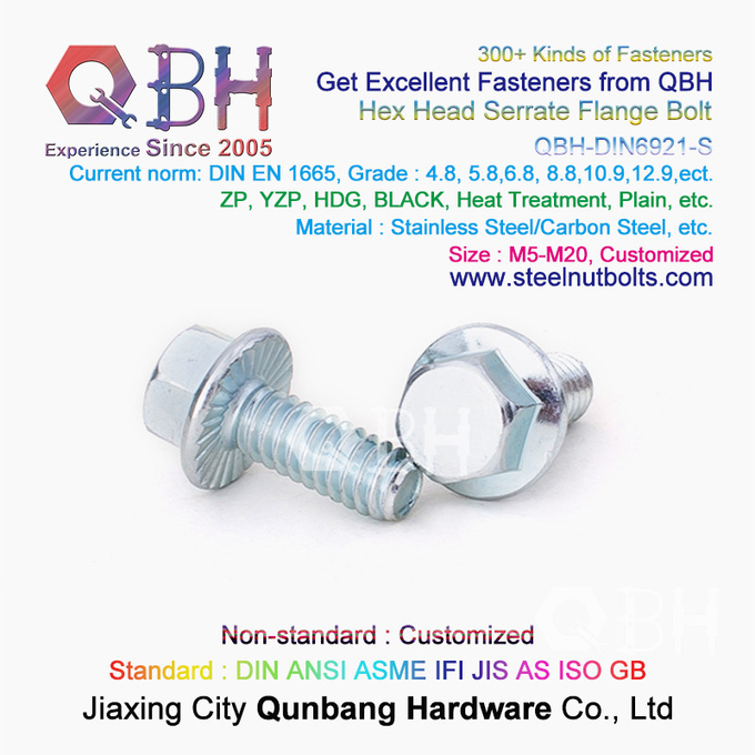 QBH DIN6921 M5-M20 أزرق أبيض مطلي بالزنك / أسود / كربون عادي / الفولاذ المقاوم للصدأ مسنن شفة ذاتي القفل بولت 2